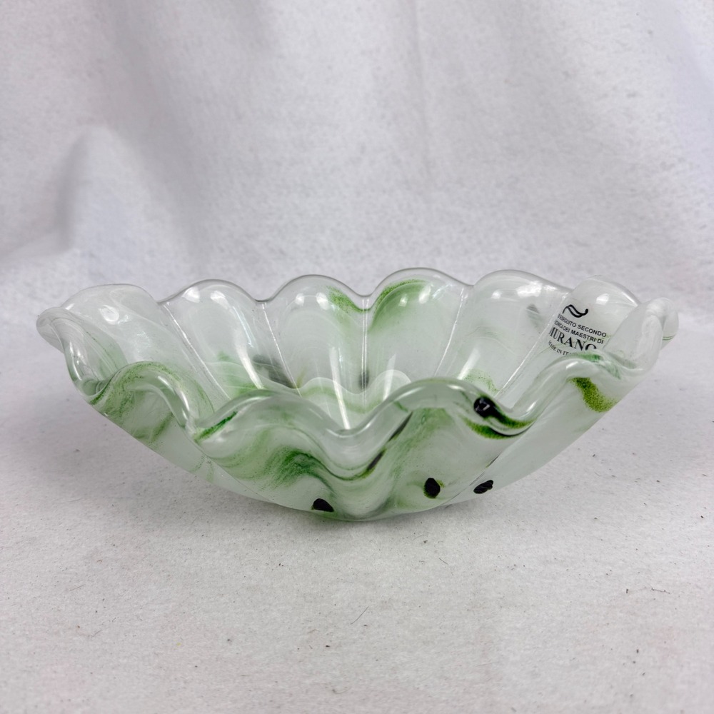 Murano Art Glass Decorative Bowl Wavy Ruffled Swirl WhiteGreen Whimsigoth Italy